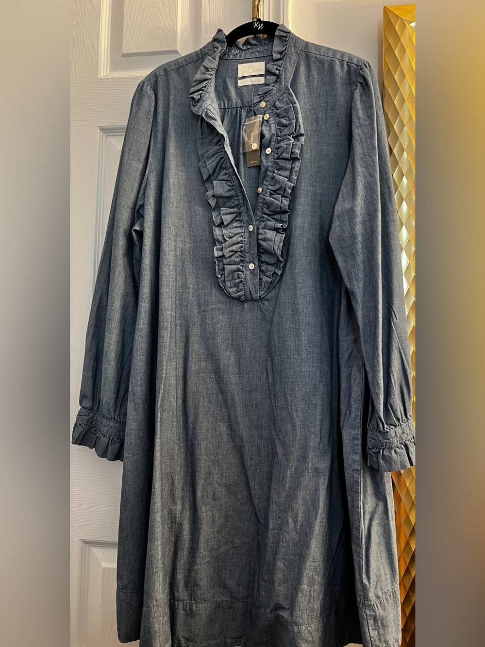 Chambray Ruffle Front Long-Sleeve Dress - Denim Blue from J. Crew size XL